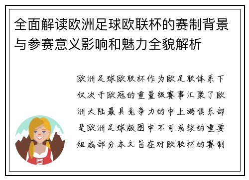 全面解读欧洲足球欧联杯的赛制背景与参赛意义影响和魅力全貌解析